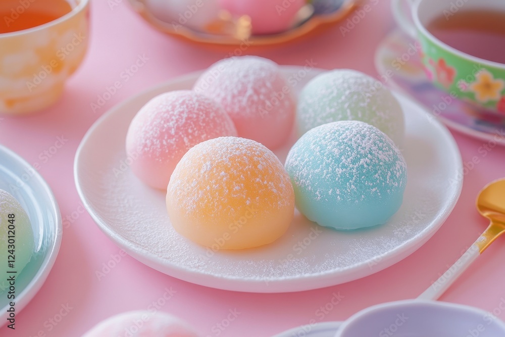 Delightful collection of colorful mochi arranged on a plate, accompanied by tea, cherry blossoms, and a porcelain teapot on a serene pastel backdrop Delightful collection of colorful mochi arranged on a plate, accompanied by tea, cherry blossoms, and a porcelain teapot on a serene pastel backdrop