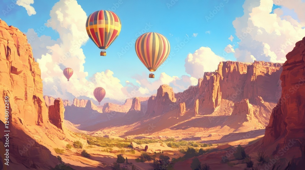 Naklejka premium Colorful hot air balloons gliding over dramatic red rock cliffs and valleys, capturing the beauty of the desert's natural wonders.