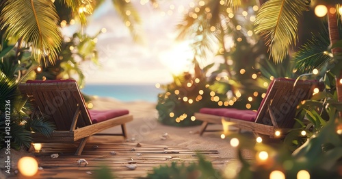 Beach chairs with a parasol under palm leaves on a sunny tropical beach with sand and ocean - abstract defocused seascape with glittering effects.