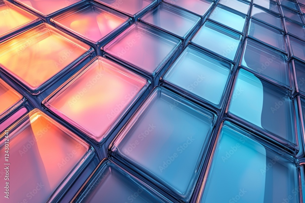 A horizontal image featuring transparent geometric blocks and layered elements on an abstract background A horizontal image featuring transparent geometric blocks and layered elements on an abstract background