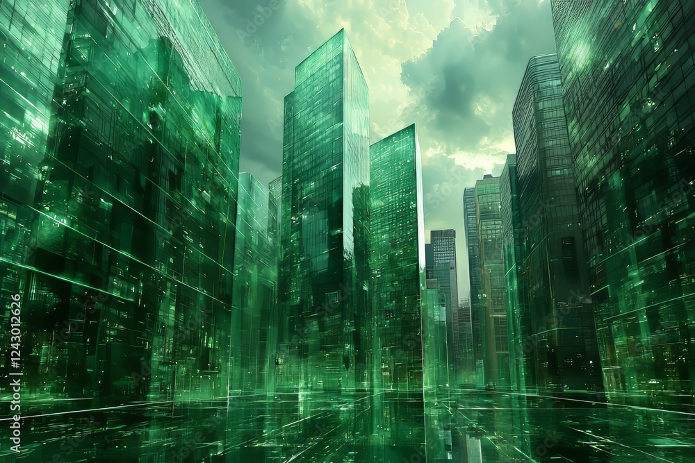 A horizontal image featuring green geometric shapes and transparent layers with an abstract background A horizontal image featuring green geometric shapes and transparent layers with an abstract background
