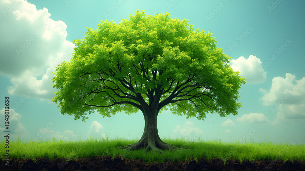 Obraz premium Lush green tree standing alone on a grassy hill under a clear blue sky adorned with clouds during daylight