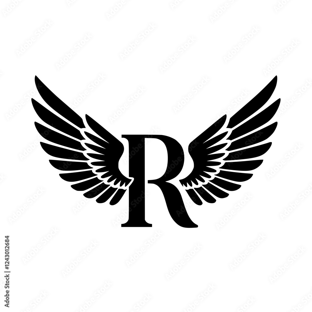 Fototapeta premium Winged Letter R Black Logo Design, Black letter R with symmetrical wings, forming a bold and stylish logo. Ideal for branding, aviation, business, sports, or creative identity. 