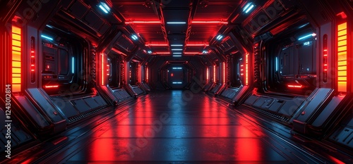 Sci Fi Futuristic Alien Spaceship Podium Tunnel Corridor Room Stage Glowing Laser Red Lights Wall Floor Cables Devices Empty Space Showcase Garage 3D Rendering