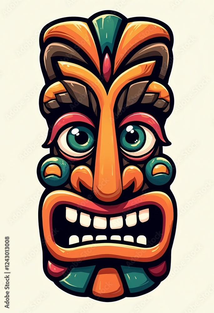Vibrant tiki mask with intricate designs showcases cultural artistry and craftsmanship in a colorful display Vibrant tiki mask with intricate designs showcases cultural artistry and craftsmanship in a colorful display