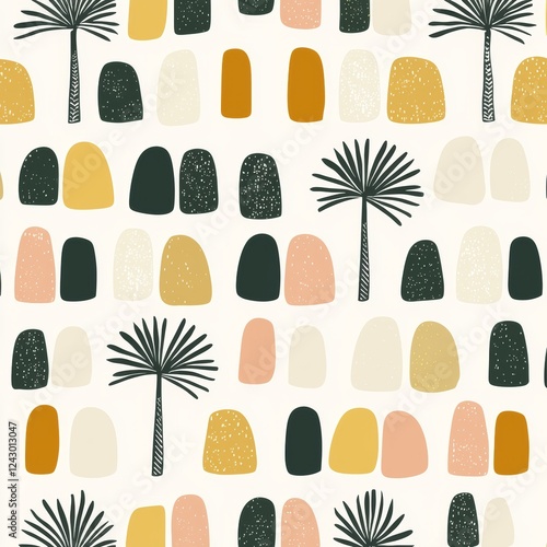 The seamless pattern features colorful outlines of palm tree silhouettes.