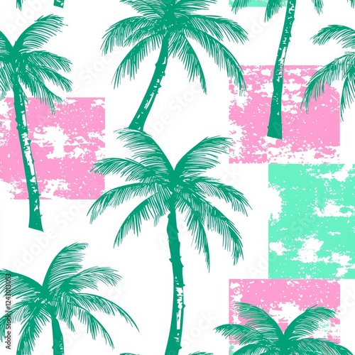 Stylized coconut trees set against a geometric rhombus backdrop.