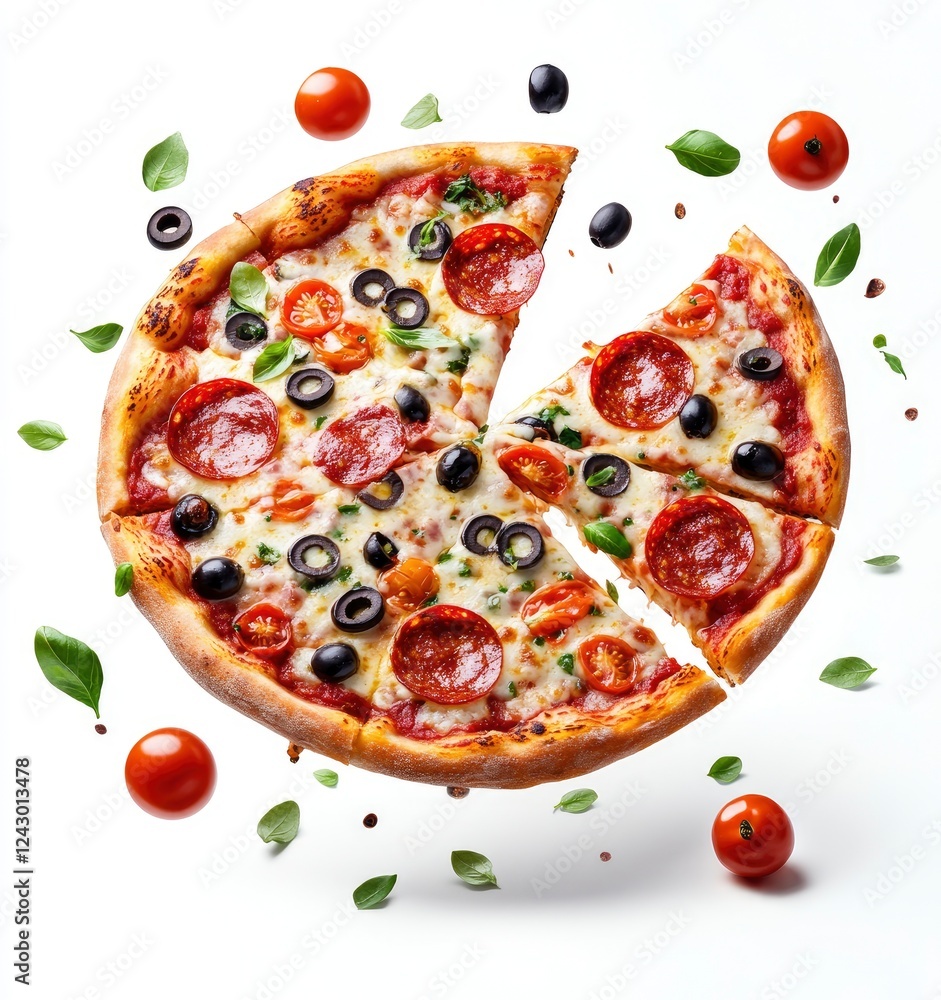 In a whimsical style with a white background, flying pizza pieces of salami and cheese, olives, tomatoes falling on the pizza, In a whimsical style with a white background, flying pizza pieces of salami and cheese, olives, tomatoes falling on the pizza,