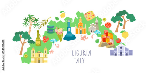 Map of Liguria, Italy. Sights and buildings. Traditional Mediterranean nature and food. Italy and tourism. Isolated illustration on white background. 