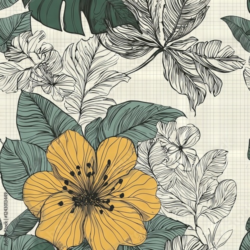 Tropical leaves and flowers with a grunge texture, arranged on a geometric diamond background.