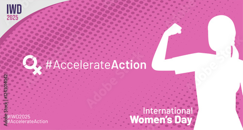 International Women’s Day 2025 campaign theme #AccelerateAction banner featuring a flexing woman’s silhouette, female symbols and dynamic pink background. IWD  8 March 2025 vector illustration. 