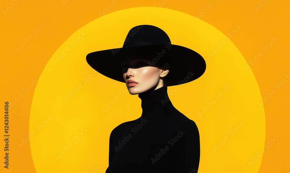 Exploring Modern Elegance: Minimalist Portrait with Bold Hat and Vibrant Sun Background in Fashion Photography Exploring Modern Elegance: Minimalist Portrait with Bold Hat and Vibrant Sun Background in Fashion Photography