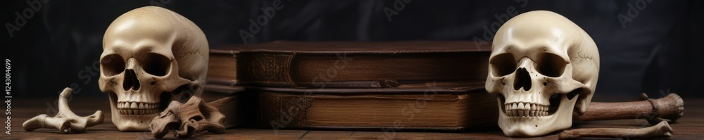 Obraz premium Skull and bone arrangement on a dark wooden table with leather-bound book, artifact, study, wood