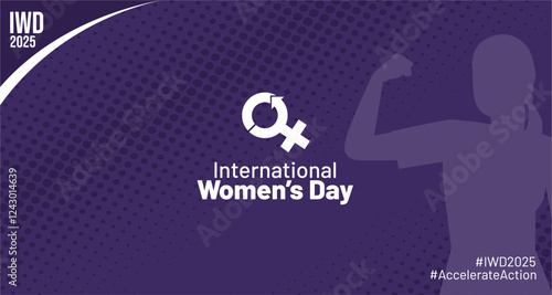 International women’s day 2025 banner design with female symbol, a flexing woman gesture and hastag #AccelerateAction.  Best for IWD 8 March 2025 campaign, background, greeting, poster, social media. 