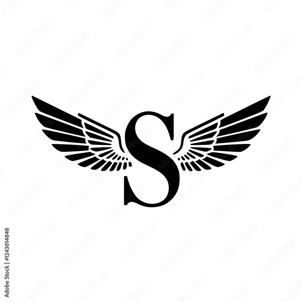 Obraz premium Winged Letter S Black Logo Design , Black letter S with symmetrical wings, creating a bold and stylish logo. Perfect for branding, aviation, business, sports, or creative identity. 