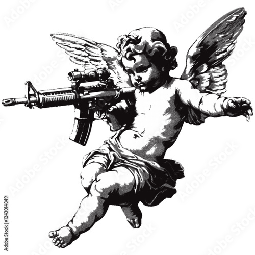 Evil angels wielding weapons. Halftone effect. 