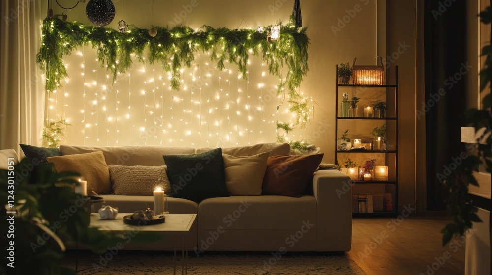 Fototapeta premium Green garlands and twinkling fairy lights bring a festive charm to a modern living room at night, with soft lighting enhancing the decor.