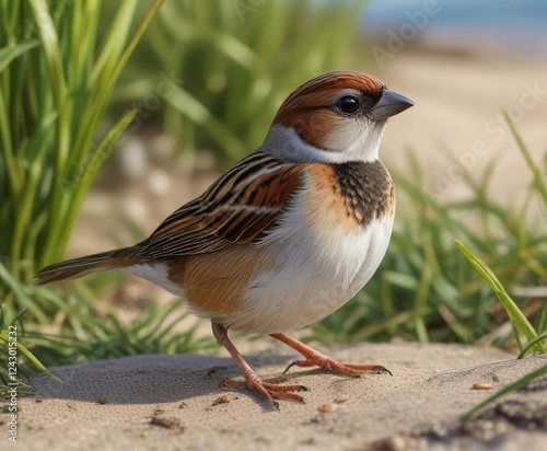 Small sparrow-like bird with a brown back and white underside perched on beach grass, shore, beach grass, brown