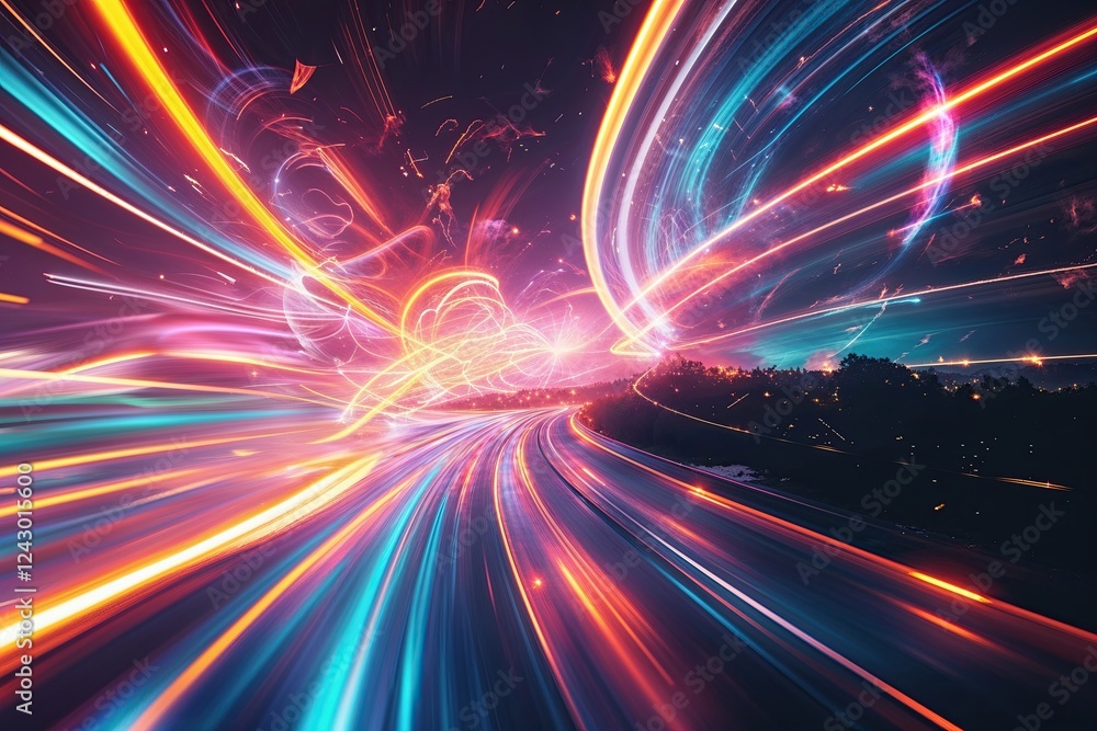 Obraz premium Dynamic Colorful Overlay Featuring Radiant Swirls and Cinematic Grain Texture