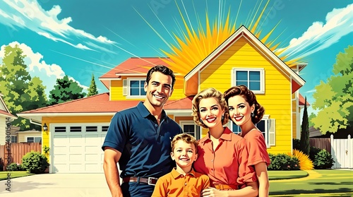 Retro Style Family Portrait with Yellow House Background, Vintage Americana Illustration with Bright Colors, generative ai