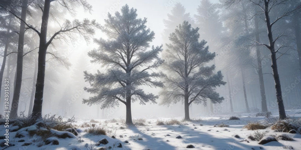Fototapeta premium Snow-covered tree in a serene forest landscape with frosty morning mist, icy atmosphere, snow covered trees, frosty landscape
