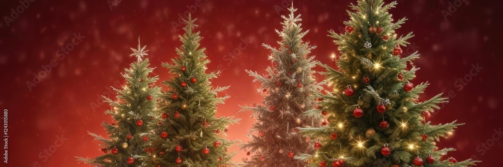 Snowflakes gently falling around a tall Christmas tree on a red background, snowy evening, christmas tree Snowflakes gently falling around a tall Christmas tree on a red background, snowy evening, christmas tree