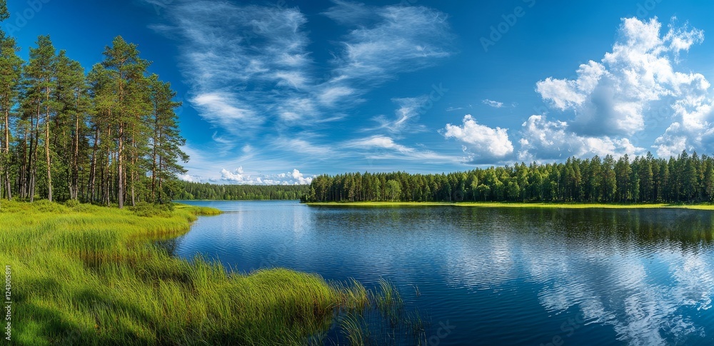 Fototapeta premium Calm lake, pine forest, summer sky, panoramic view