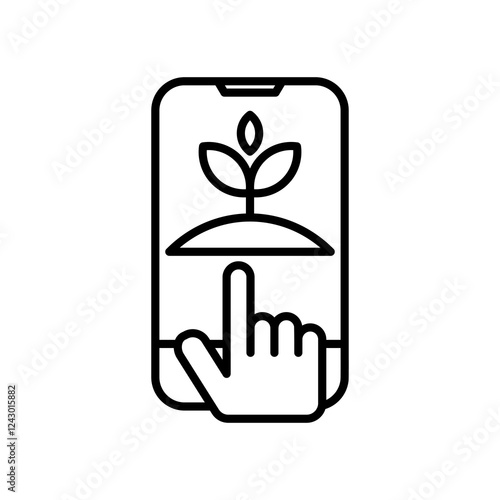 smart farm line icon, Hand pointing at a smartphone screen with a plant icon, suitable for environmental apps, ecofriendly websites, and sustainable technology concepts.