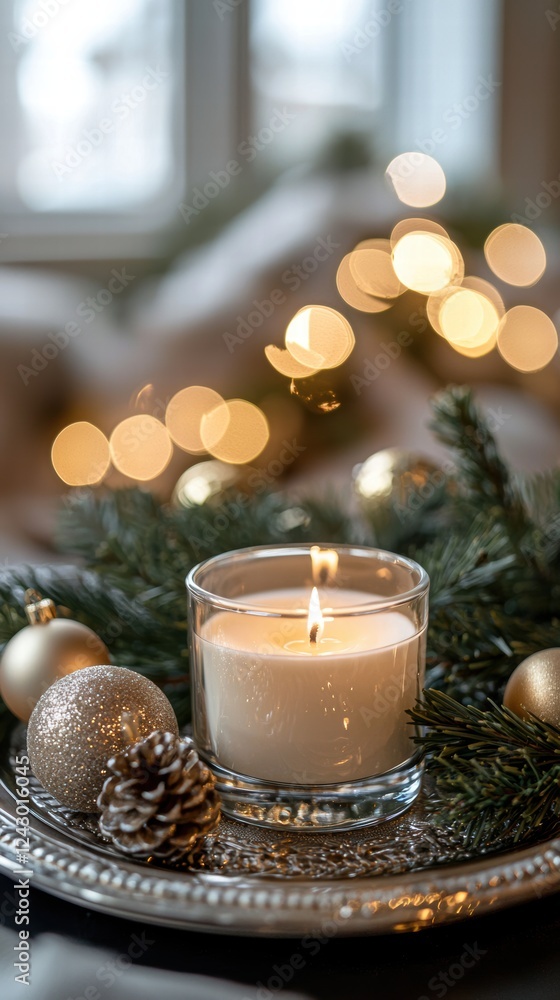 Elegant holiday candle on silver tray with golden ornaments Elegant holiday candle on silver tray with golden ornaments