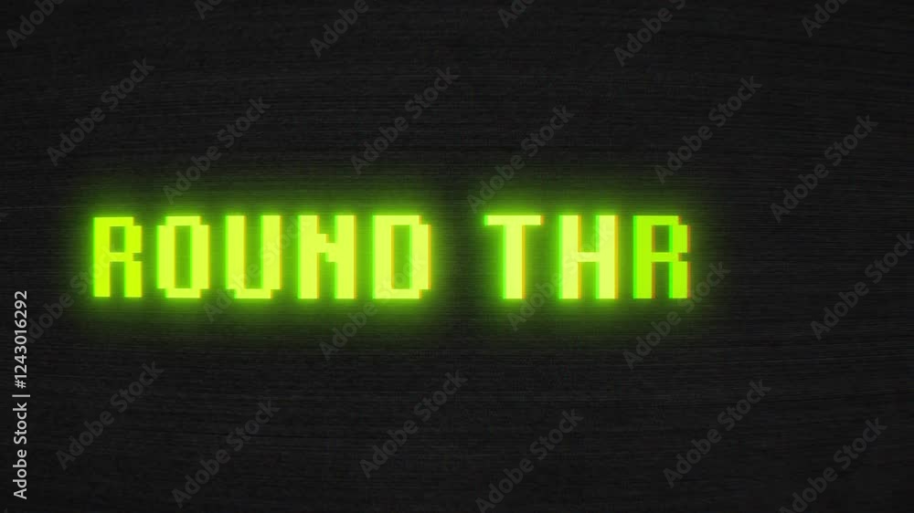 Video animation of the title animation of round three in neon green on a dark, noisy Background - vintage 8 bit game screen. Video animation of the title animation of round three in neon green on a dark, noisy Background - vintage 8 bit game screen.