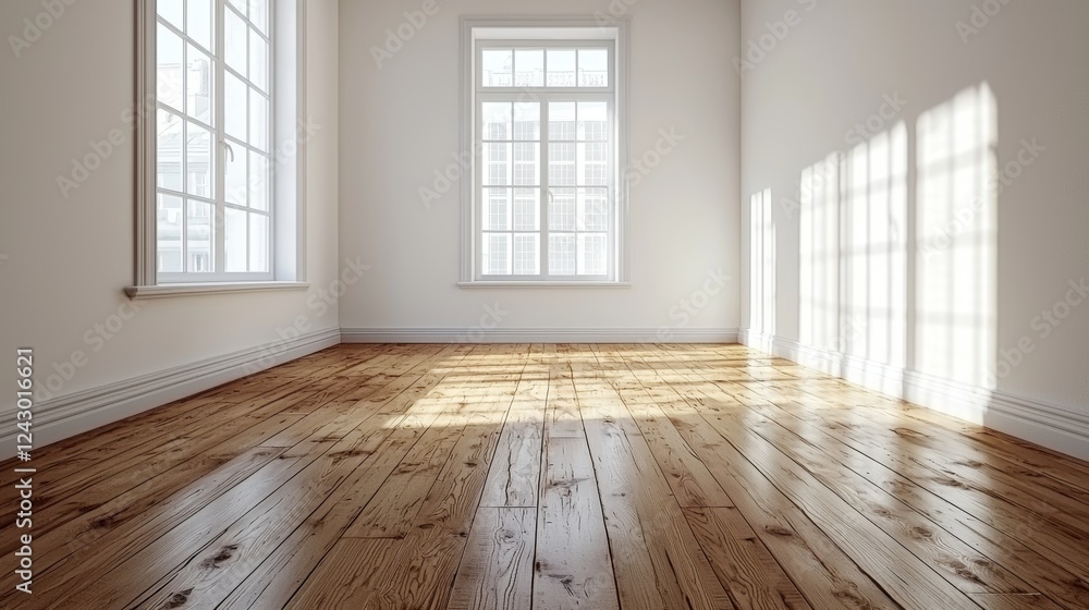 A spacious room with wooden floors and clean white walls includes a large window in the corner, offering a blank canvas for a copied image and potential text or design A spacious room with wooden floors and clean white walls includes a large window in the corner, offering a blank canvas for a copied image and potential text or design