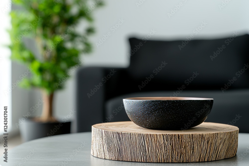 Up close view of a live edge wooden coffee table. Interior of a modern living room. Developed using generative AI