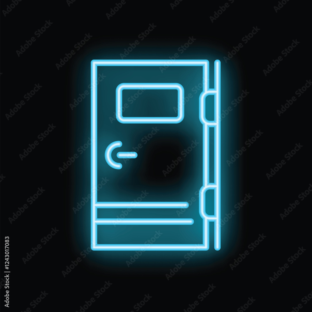 Neon door sign with handle and window glowing blue on black background Neon door sign with handle and window glowing blue on black background
