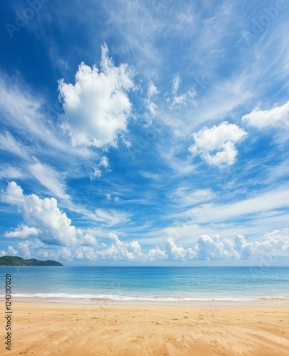 In Hawaii, the ocean meets the blue sky over a stunning beach landscape, offering a perfect spot for a summer vacation. The white sand and outdoor environment create a serene seaside location,