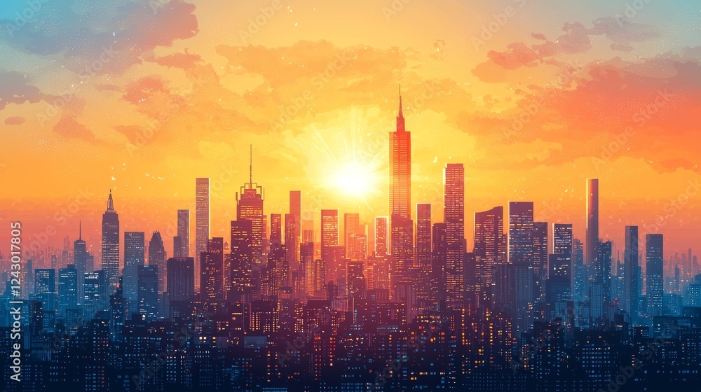 Fototapeta premium A retro comic halftone design of a downtown cityscape with an orange and yellow sunburst. A summer-themed image paired with a dark Halloween night theme. Stock photo.