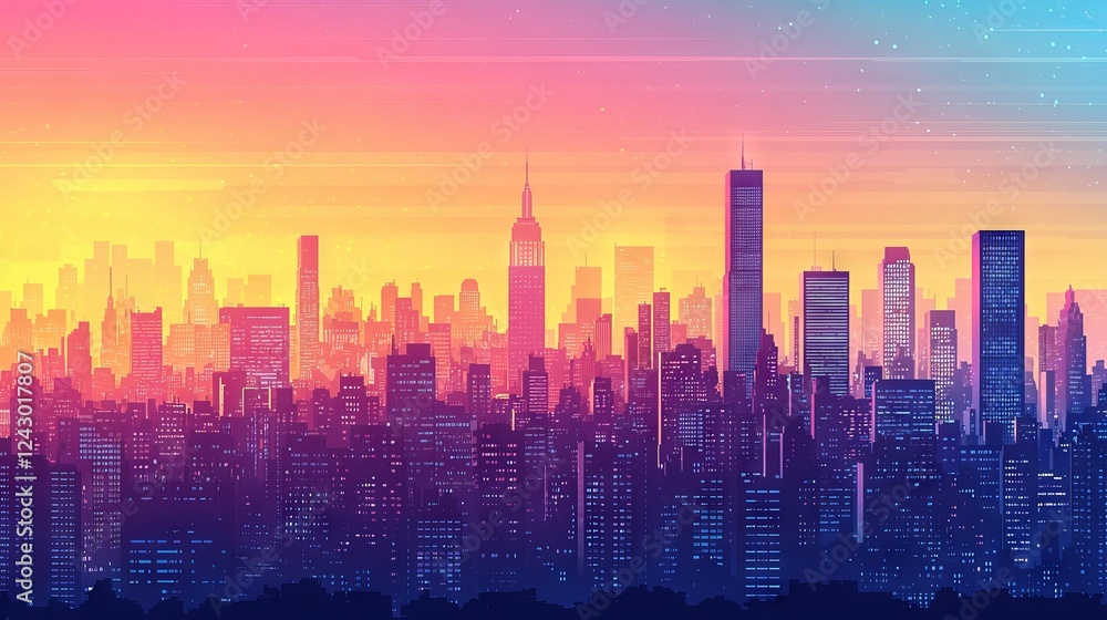 A downtown cityscape featuring a sunburst with orange and yellow rays in a retro comic halftone style. A summer design, contrasted with a dark night Halloween theme. Stock image. A downtown cityscape featuring a sunburst with orange and yellow rays in a retro comic halftone style. A summer design, contrasted with a dark night Halloween theme. Stock image.