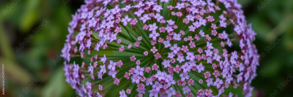 Spherical cluster of small purple flowers in bloom, botanical, bunch, round
