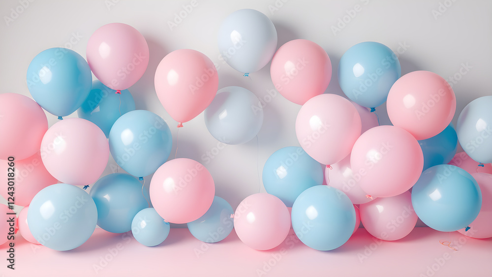 Beautiful panoramic background with pink and blue balloons. Group of pastel party balloons on soft background. Concept of happiness, joy, birthday. Generative AI Beautiful panoramic background with pink and blue balloons. Group of pastel party balloons on soft background. Concept of happiness, joy, birthday. Generative AI