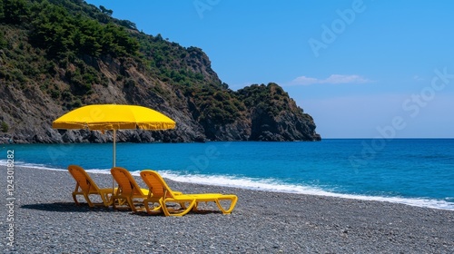 Parasol umbrellas shading beach chairs, evoking summer and relaxation, generated by AI.