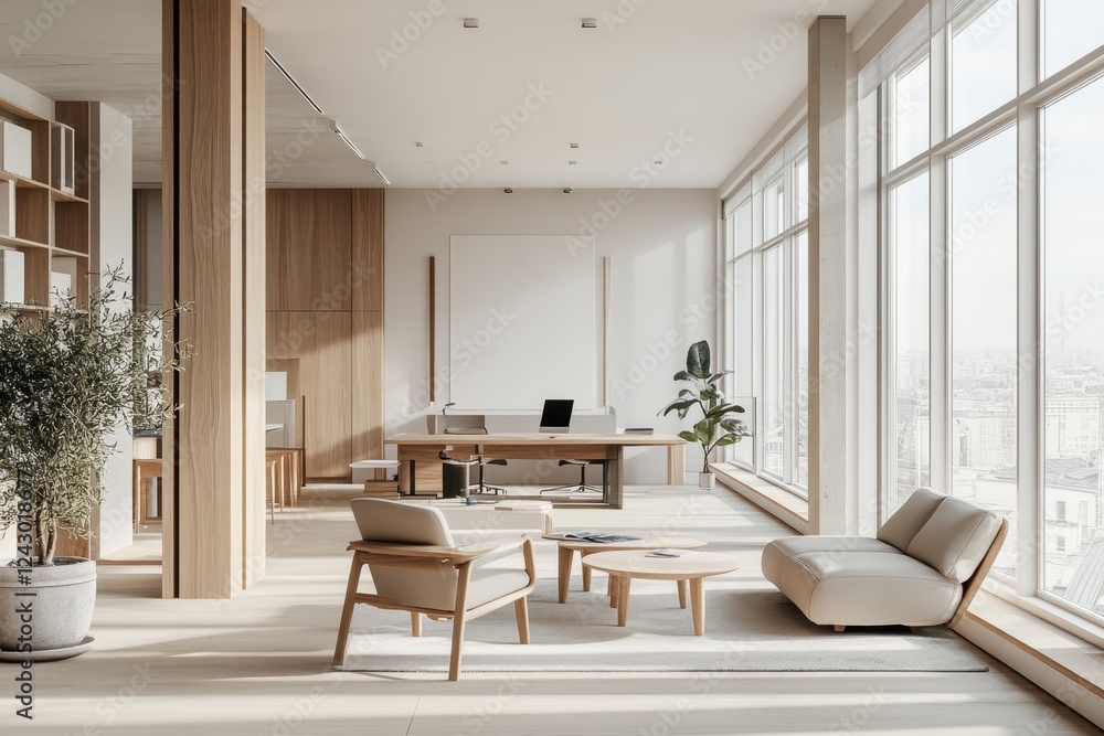 Bright and airy modern workspace with large windows showcasing greenery on a sunny day Bright and airy modern workspace with large windows showcasing greenery on a sunny day