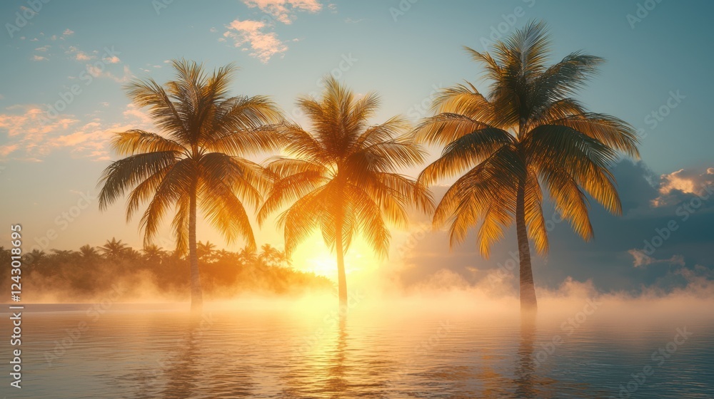 Serene sunrise over tropical palm trees with gentle mist Serene sunrise over tropical palm trees with gentle mist