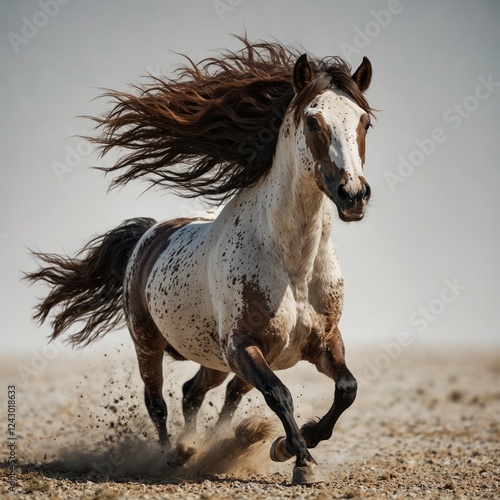 A horse with intricate markings on its coat, captured in high detail, with a stark white background.