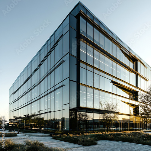 Modern Glass Office Building: A striking image of a contemporary glass office building at sunrise. The sleek design reflects the surrounding landscape, creating a stunning architectural statement. 