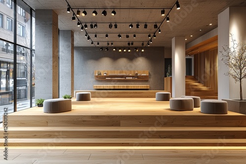 Dark basement featuring concrete walls and a reflective cement floor, illuminated by spotlights on the back wall