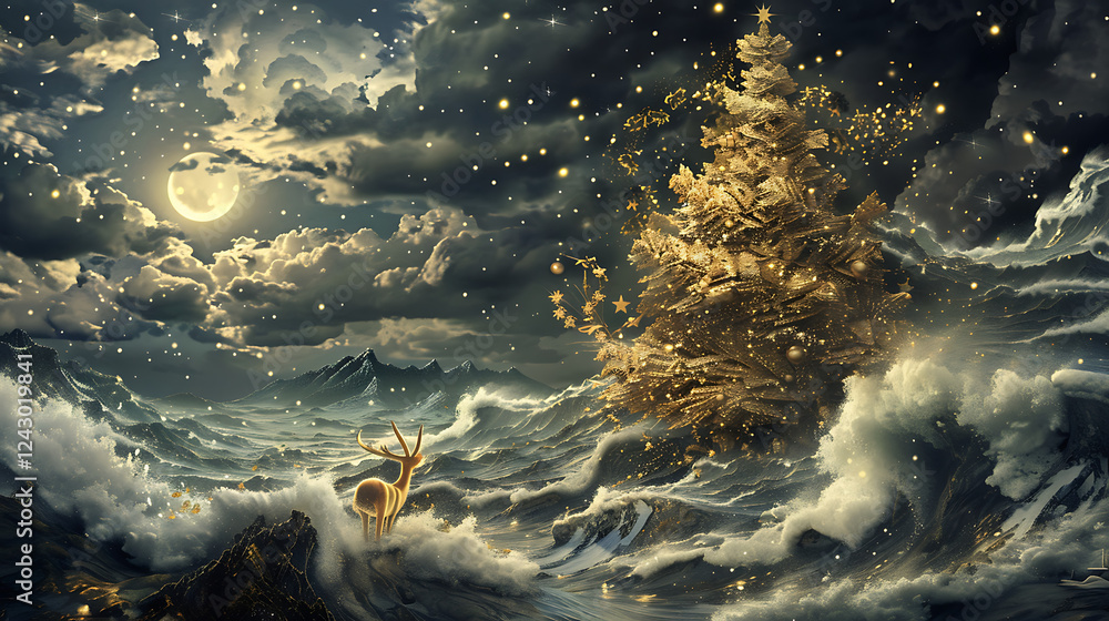 Fototapeta premium 3d modern art mural wallpaper night landscape, white clouds with dark background. Golden Christmas tree, mountain, golden deer, light moon, golden and black waves. for wall decoration