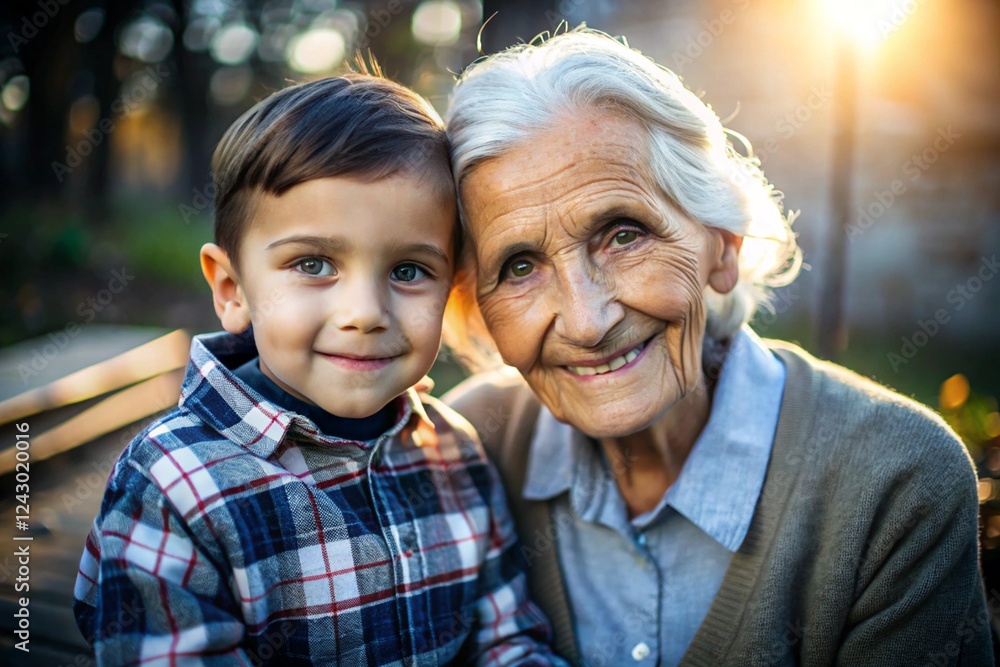 A happy family, a child and a grandmother hug on the street in the park, happy and contented. A grandmother who hugs her grandson, showing love. A happy family, a child and a grandmother hug on the street in the park, happy and contented. A grandmother who hugs her grandson, showing love.