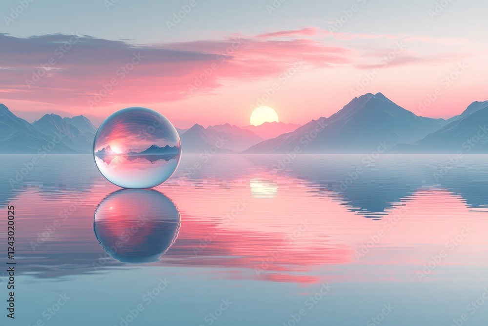 Futuristic and minimalist landscape with an abstract and surreal background that includes a glass mirror object floating in water. The scene is bathed in soft, blue and pink pastel colors Futuristic and minimalist landscape with an abstract and surreal background that includes a glass mirror object floating in water. The scene is bathed in soft, blue and pink pastel colors