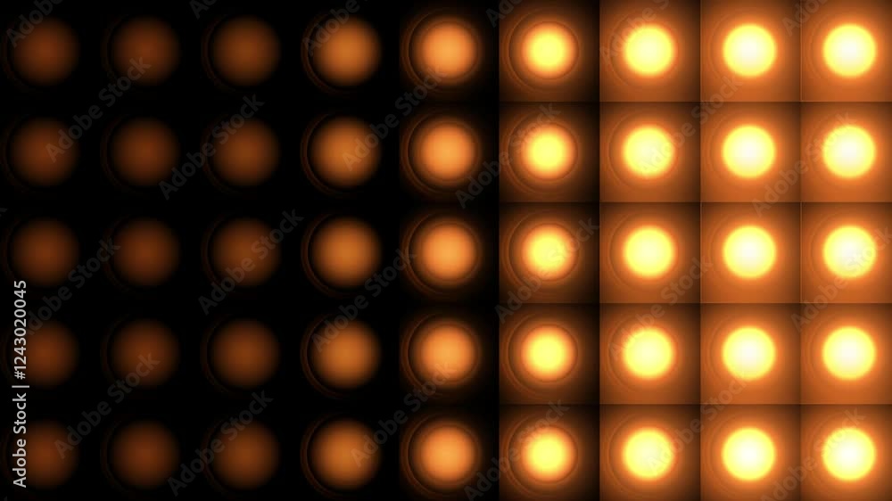 Golden disco lights background. Disco party glowing animation. Flicker wall lights. Night club, music video, LED screen and projector, glamour and fashion event, jazz, pop.