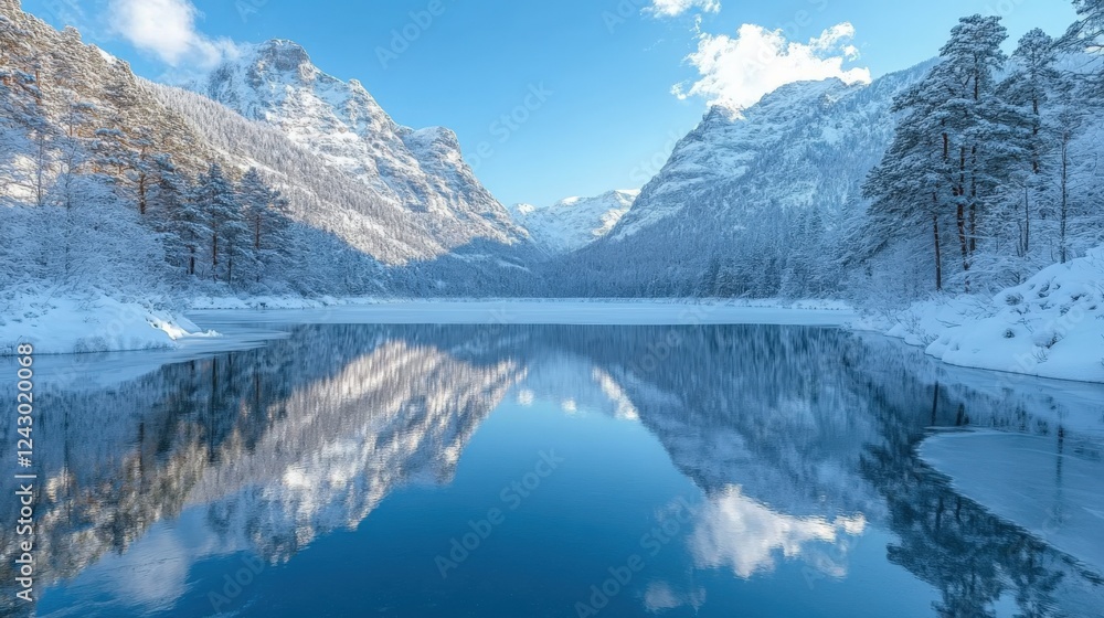 Snowy Mountain Landscape With Tranquil Lake Reflection. Generative AI Snowy Mountain Landscape With Tranquil Lake Reflection. Generative AI