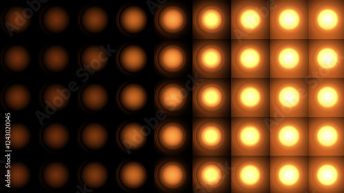 Golden disco lights background. Disco party glowing animation. Flicker wall lights. Night club, music video, LED screen and projector, glamour and fashion event, jazz, pop.